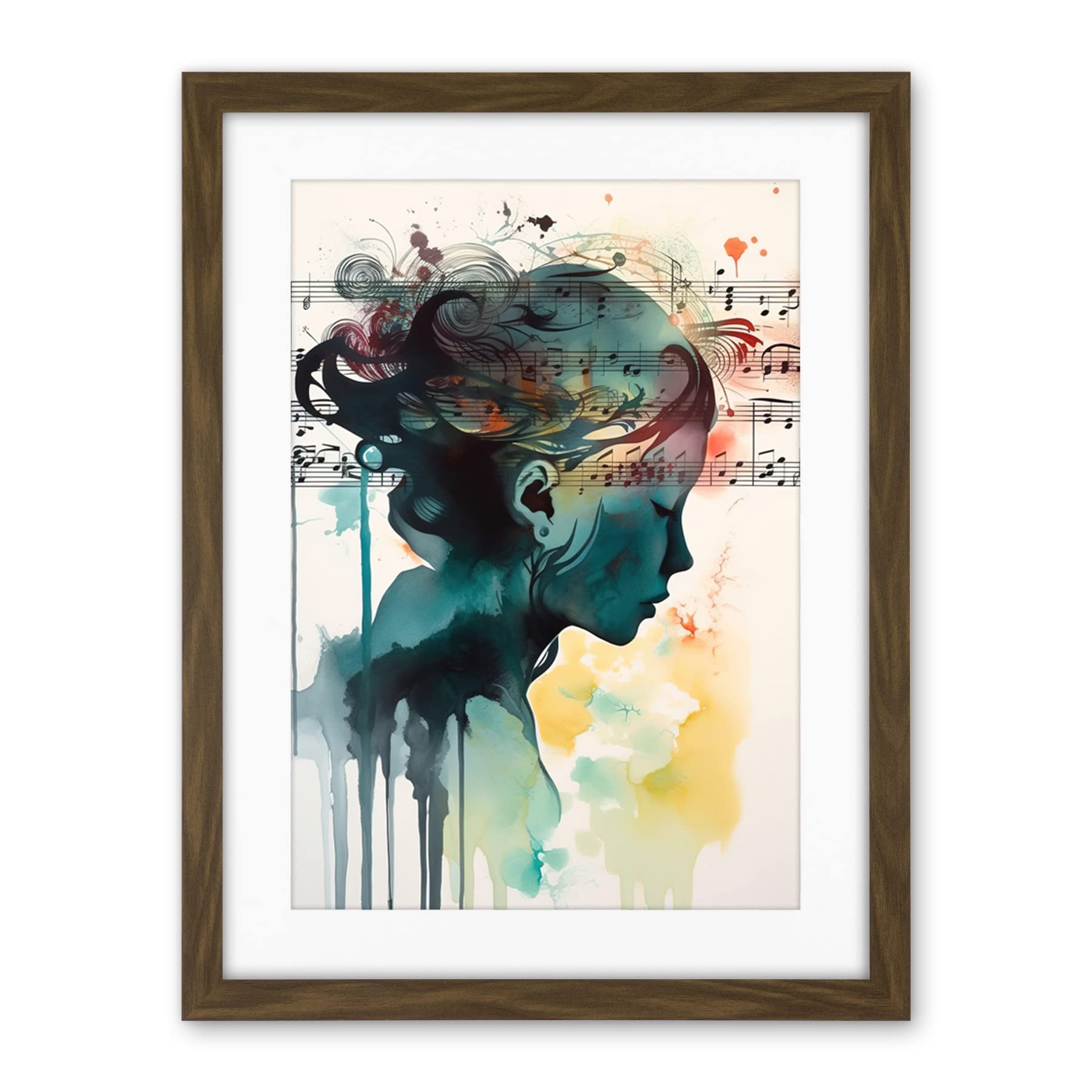 Artery8 Music on my Mind Singing in my Head Modern Portrait Watercolour Illustration Artwork Framed Wall Art Print 18X24 Inch