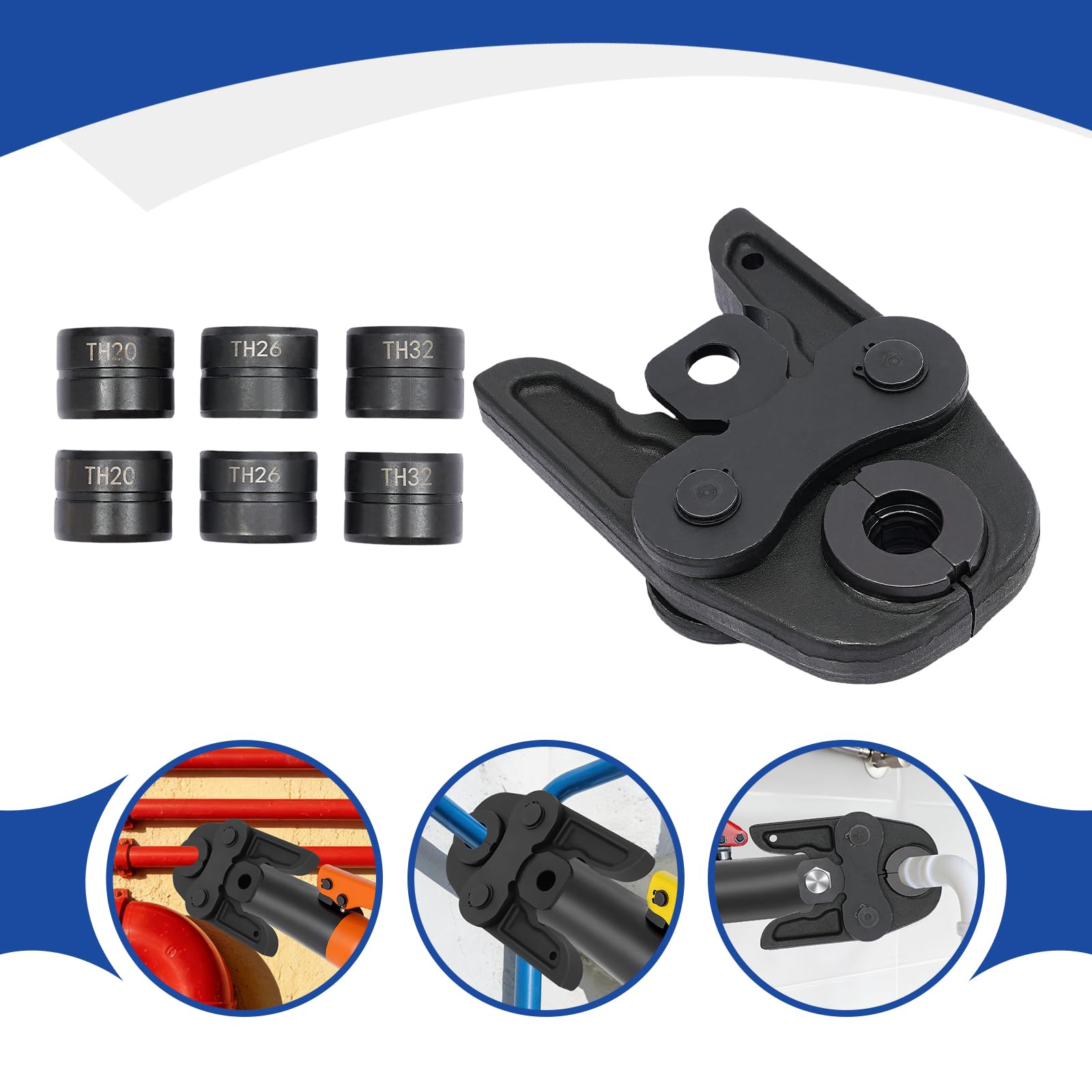 TH16-32mm Mandíbula de prensado, abrazadera de prensado para tubos compuestos | TH16/20/26/32, acero templado, 2,5kg, para PEX y multicapa, compatible con abrazaderas antiguas