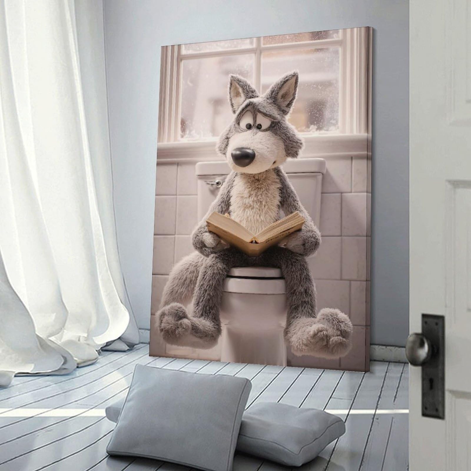 Junmoney Stuffed Wolf Reading on Toilet Hanging Wall Art, 16x24inch(40x60cm), for New Homes, Bedrooms Or Workspaces, Thoughtful Wall Decor for Art Lovers