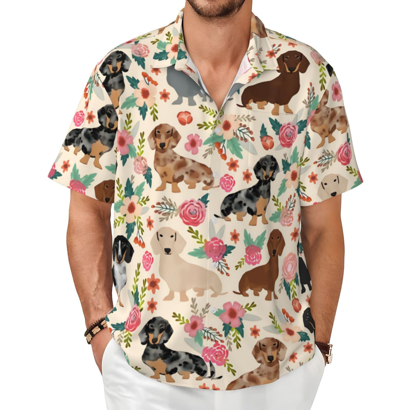 XIAKU Ohio State Gray Men's Shirts Short Sleeve Casual Fashion Polo Button Down Shirt for Men Beach Summer Wedding Pocket, Dachshund Sausage Dogs Pink Flowers Print, XL