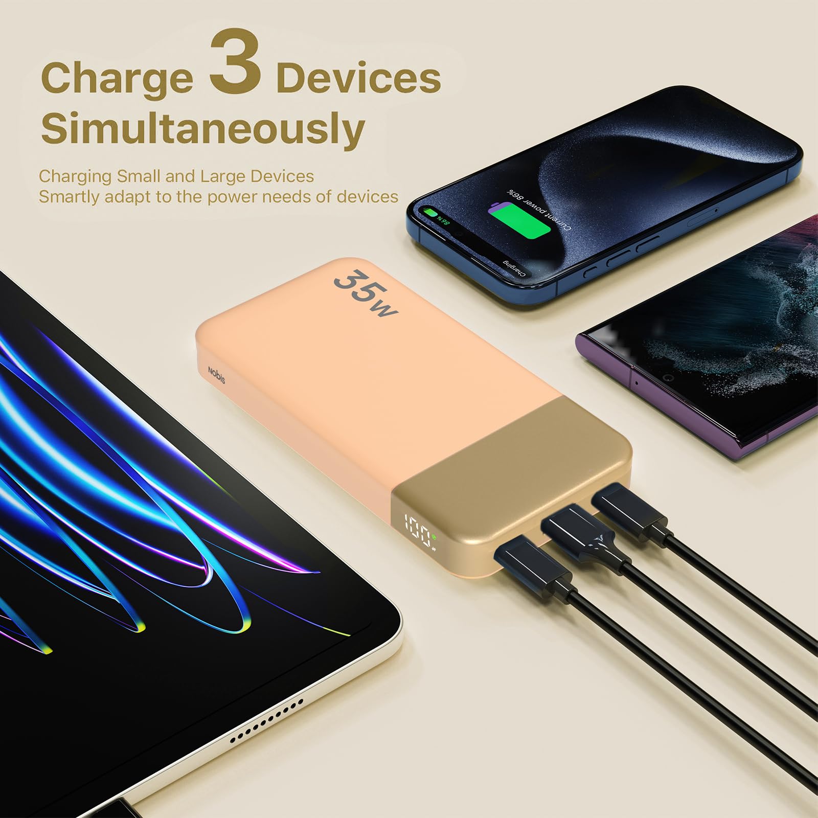 Cargador portátil NOBIS, Power Bank de 10000mAh con Carga rápida, Banco de batería con Cable C a C, Banco de batería con Pantalla Digital para Phone, Pad, Android, etc. (Naranja, 35W)