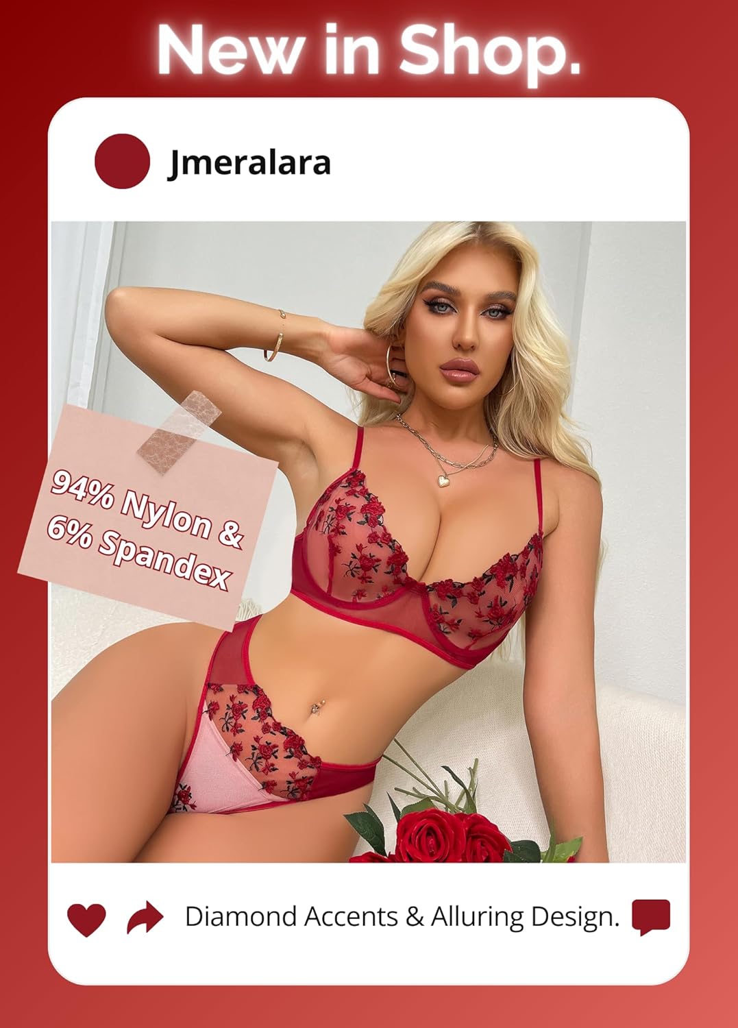 Women's Sexy Lingerie Set, Red Underwire Floral, Lace Bra and Panty 2 Piece Sheer Mesh Lingerie with Push Up - Image 4