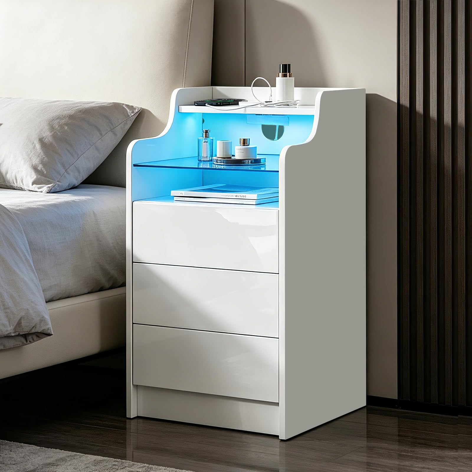 Senvoziii White Bedside Table with Charging Station LED Light Nightstand High Gloss Bedside Cabinet Unit with 3 Drawers & Glass Shelve for Bedroom Living Room