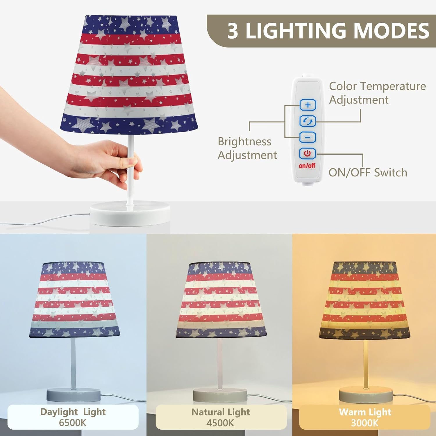 USA Flag 4th July American Red White Blue Star Stripes 6 Dimmable Table Lamp for Bedroom Desk lamp Bedside Night Lamp with USB Port,Large Lamps with Fabric Shade for Home Office Restaurant