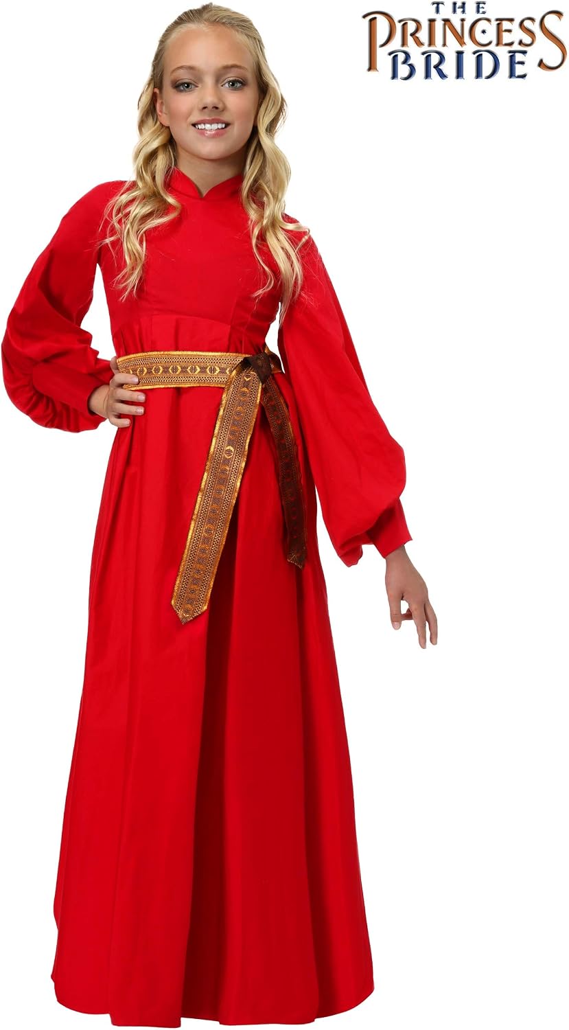 Girls Princess Bride Buttercup Costume | Red Long-Sleeved As You Wish Peasant Dress With Gold Tone Brocade Belt