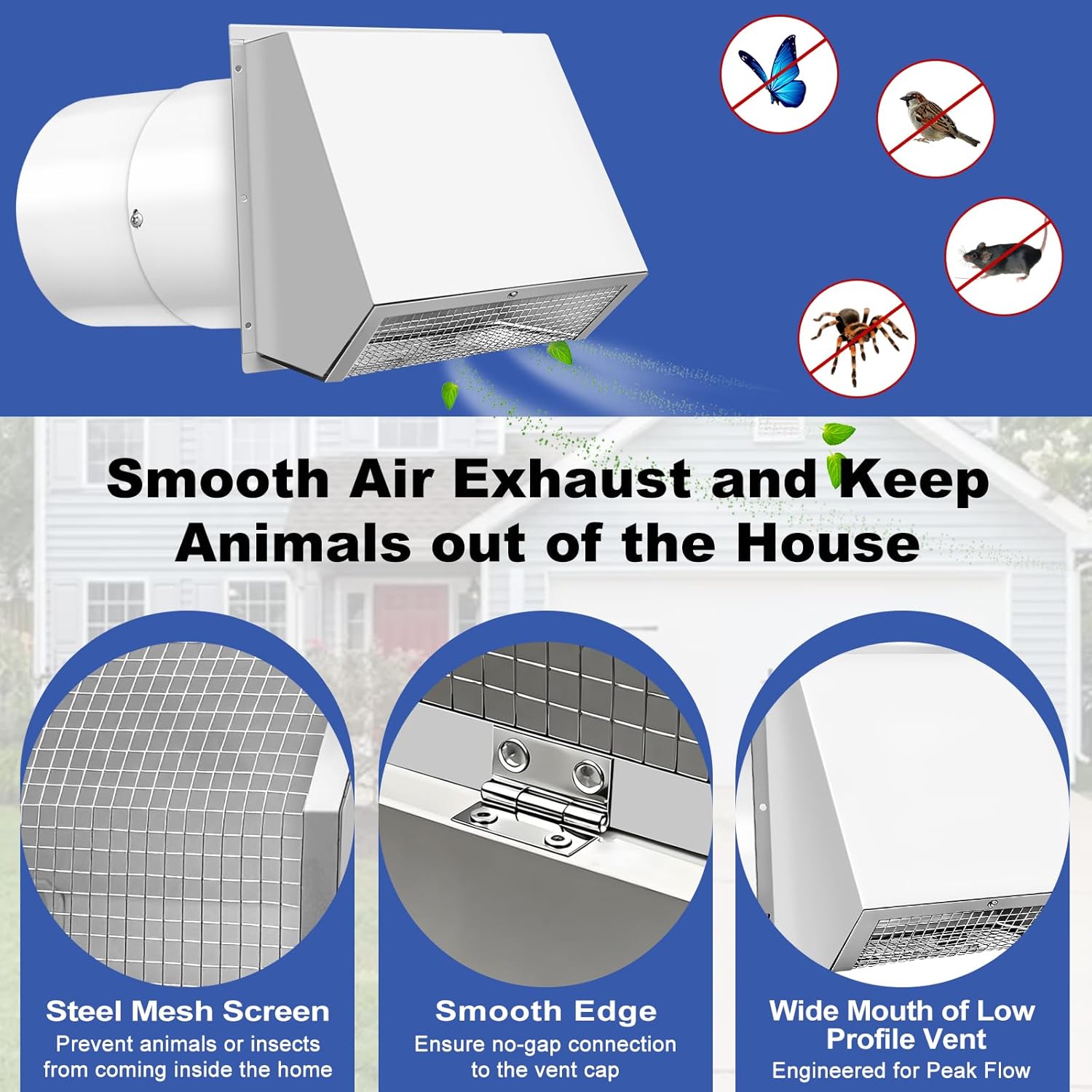8 Inch Hooded Wall Vent with Screen and Damper, 8 Inch Range Hood Wall Vent Cap, Wall Exhaust Vent Cover, Outdoor Hooded Wall Vent for Dryer Vent, Range Hood, Kitchen, White