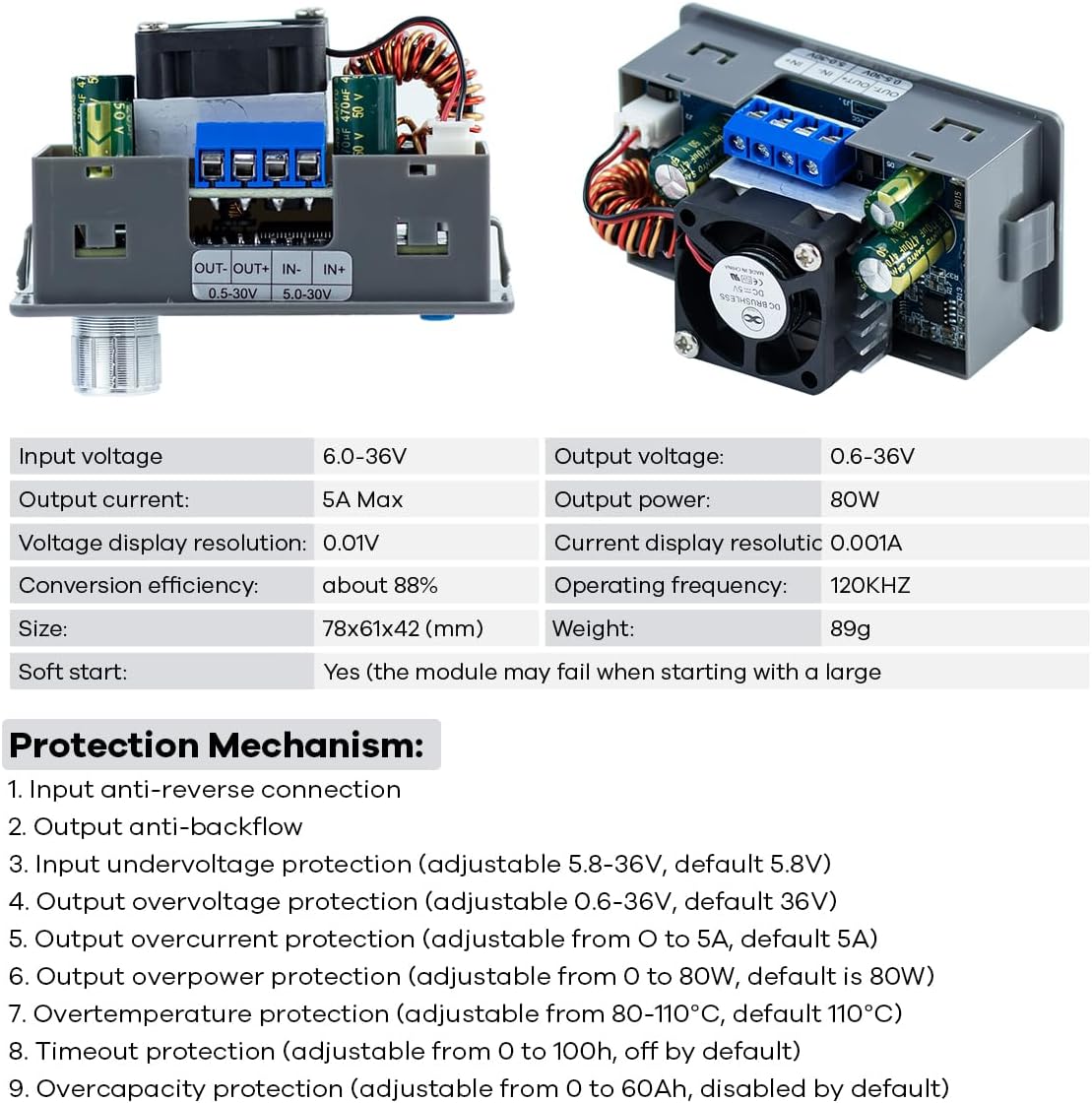 Technical specifications and a list of protection mechanisms for the Hosyond ZK-5KX DC-DC Buck-Boost Power Converter.