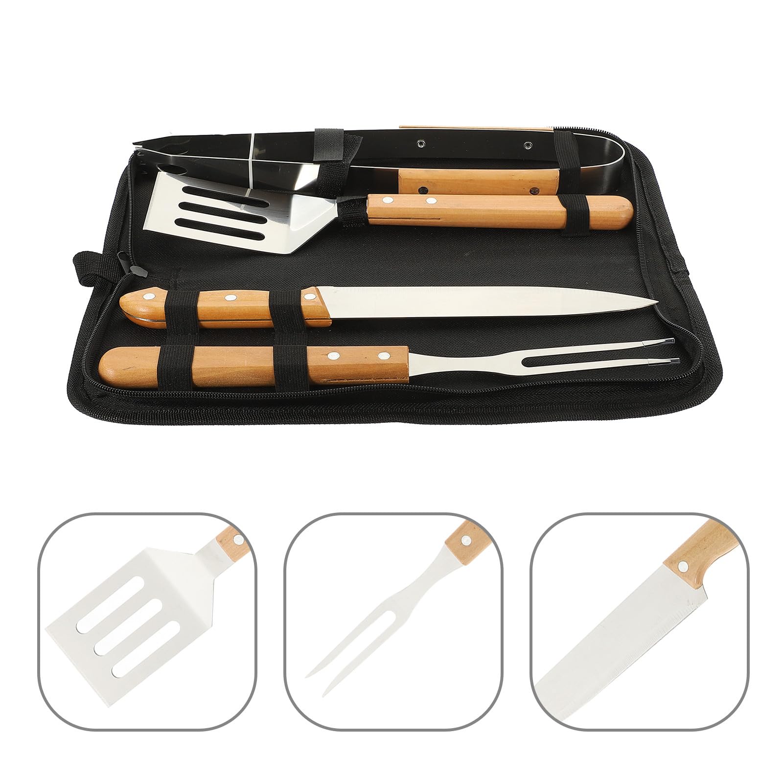 GANAZONO Set Utensili per Barbecue Portatile in Acciaio Inossidabile 4 Pezzi Manico Antiscivolo e Custodia Pratica per Campeggio e Grigliate All'aperto