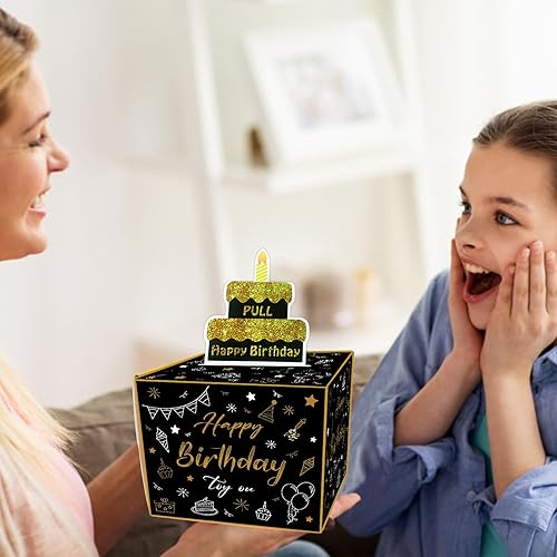 Miniatura 3 de Caja de regalo de feliz cumpleaños con tarjeta extraíble y soporte para efectivo, caja sorpresa de bricolaje negra y dorada