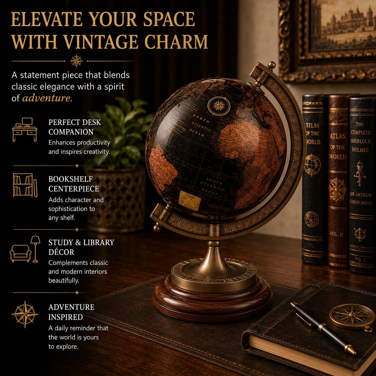 Antique-Style Decorative World Globe – Black and Gold Rotating Globe with Cast Aluminium Meridian and Wooden Base – Home and Office Desk Décor