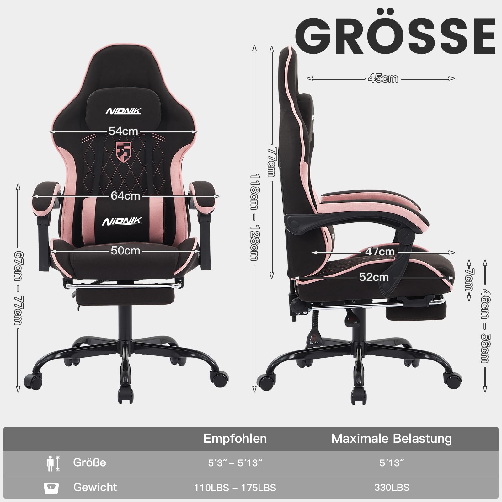 Gaming Stuhl, Racing Gaming Chair mit Fußstütze Ergonomischer Gaming-Stuhl Kopfstütze Verstellbarer Computerstuhl Höhenverstellbar Lendenwirbelstütze für Homeoffice und Gaming Blackpink