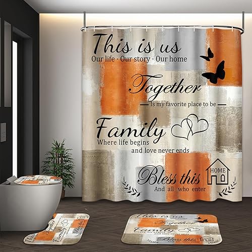 Miniatura 16 de Juego de cortina de ducha abstracta turquesa con tapa de inodoro y alfombras antideslizantes para baño, arte de pintura moderna, cortina de ducha de