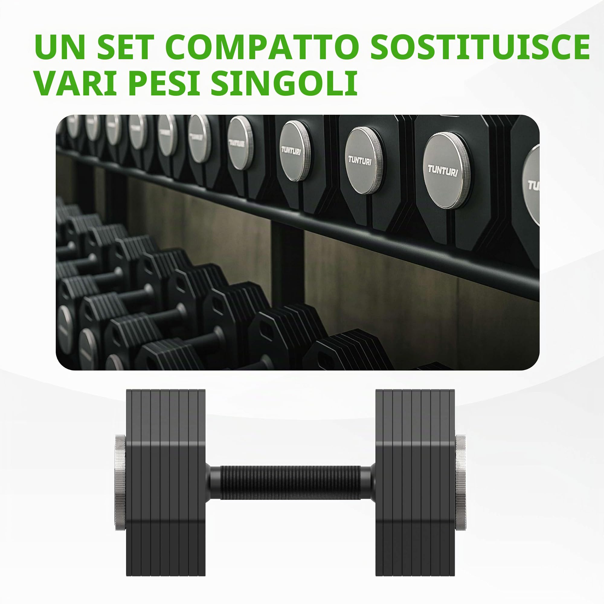 Tunturi Rapid Manubri corti regolabili, set singolo da 36 kg, regolabile da 4 a 36 kg, 17 manubri in uno, set di pesi per la palestra a casa