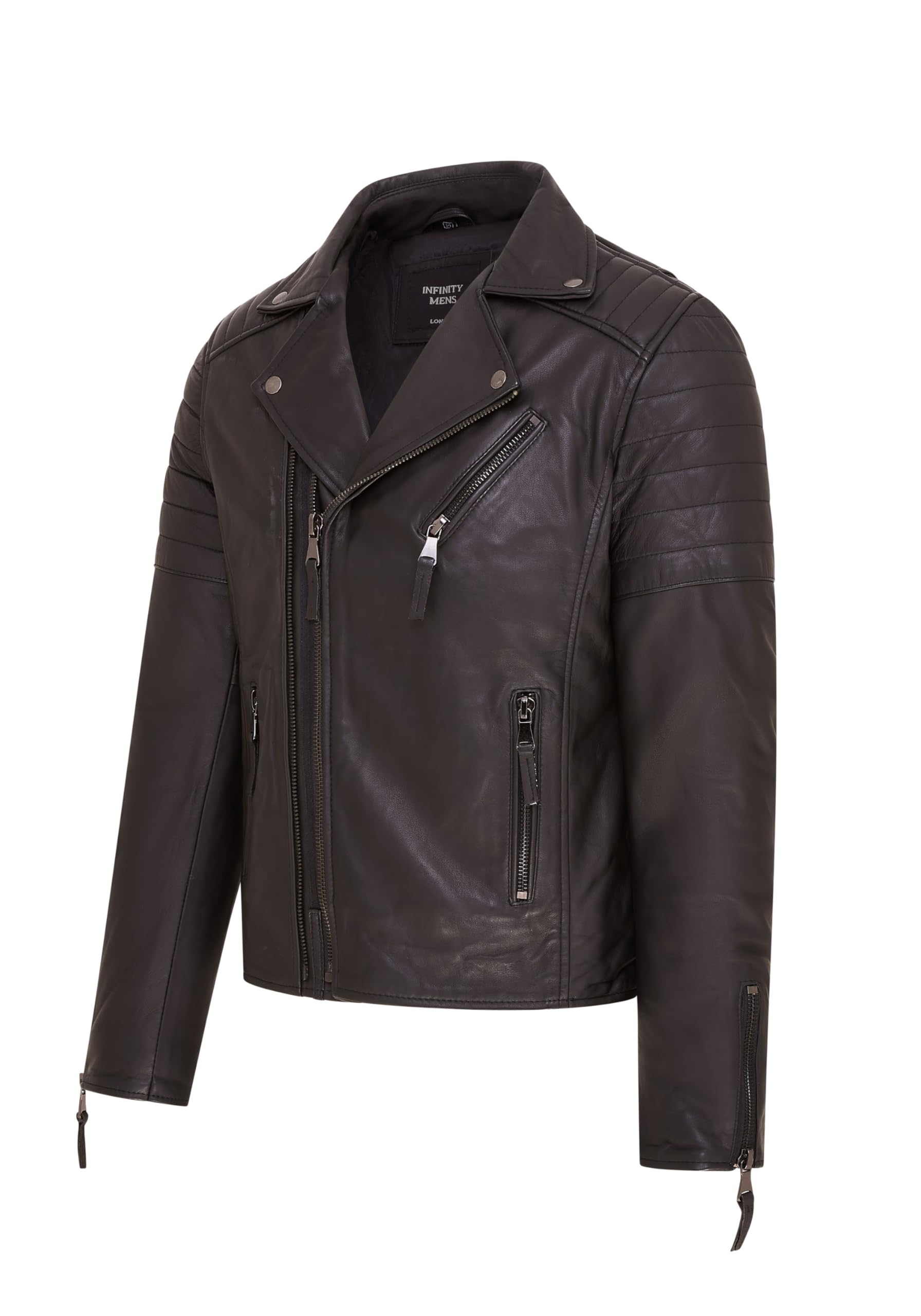Infinity Leather Chaqueta Motera de Cuero 100% Con Cremallera Cruzada Doble Estilo Brando Entallada Para Hombre