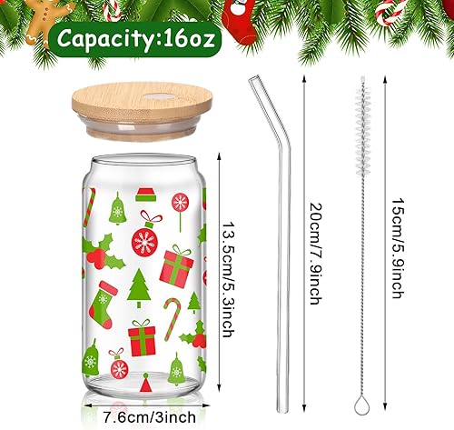 Miniatura 2 de Juego de 12 Vasos de Navidad con Tapa de Bambú y Popote de Vidrio 16 oz Vaso de Navidad Vaso para Cerveza Café Helado Tazas de Beber para Mujeres