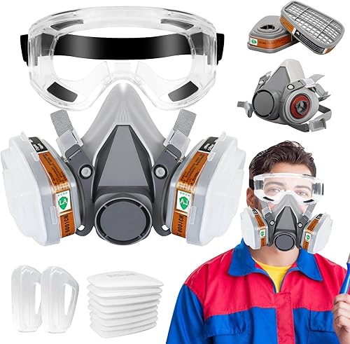 Juego de cubierta reutilizable de media cara con gafas de seguridad y 8 filtros respiradores de algodón activo contra vapores