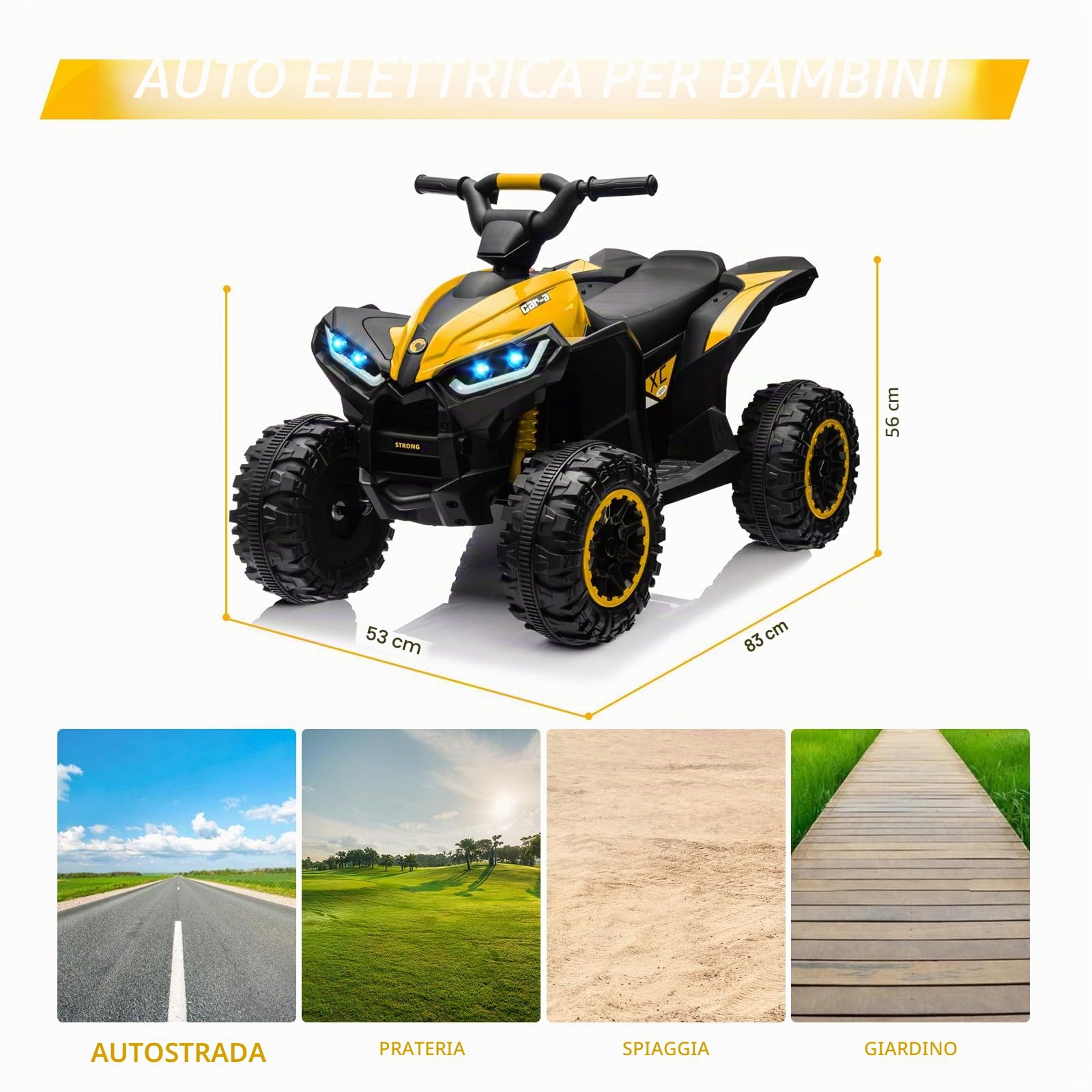 12V Quad elettrico per bambini, auto elettrica per bambini ATV con musica, clacson, faro LED, 83 x 53 x 56 cm, per bambini 3-8 anni (Giallo)