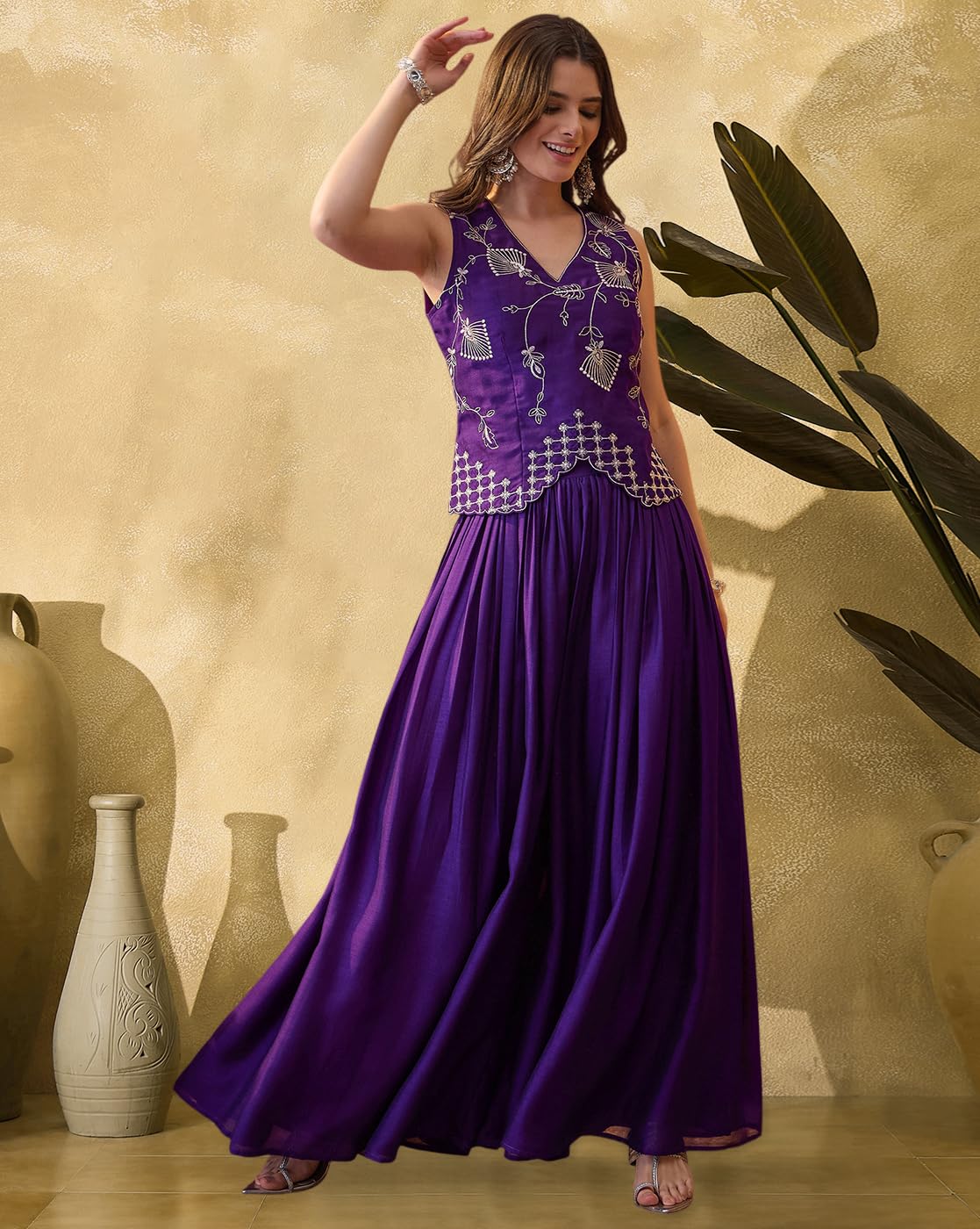 SheWill Purple Vichitra Zari Sequence Thread Embroidered Top With Palazzo Set for Women | Stylish Ethnic Co-Ord Outfit (SHEKP10359_VANI_B) 1