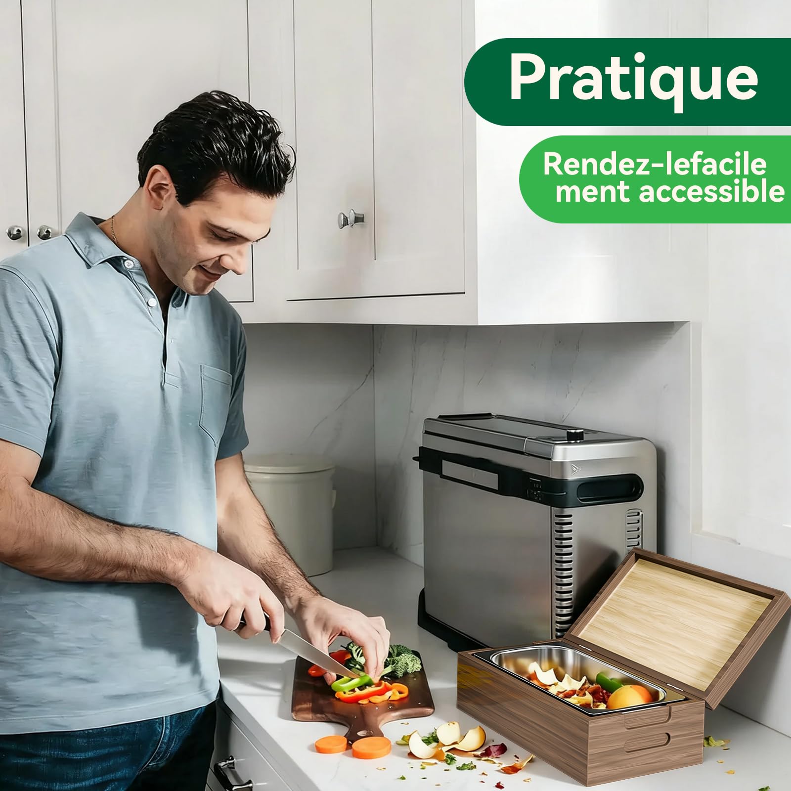 Poubelle de Cuisine 4L Bois véritable Acier Inoxydable Anti-odeurs pour déchets Alimentaires avec récipient intérieur Amovible Noyer