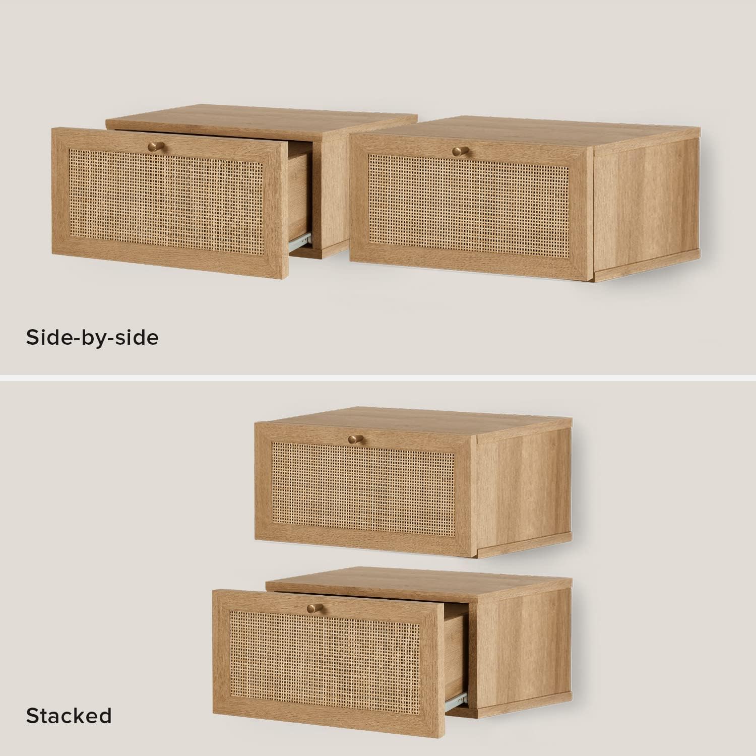 Two mopio Hannah Floating Nightstands arranged side-by-side and stacked, demonstrating versatile placement options.