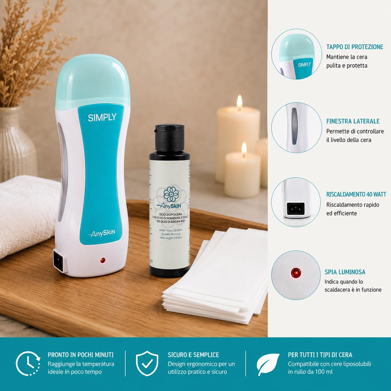 Kit Wachserhitzer mit professioneller Rolle – enthält 5 Nachfüllpackungen für Wachswalzen, fettlöslich, Schwarz, Aloe, Rose, Argan, Schnurrbart + Anyskin Afterwax Öl 100 ml und TNT