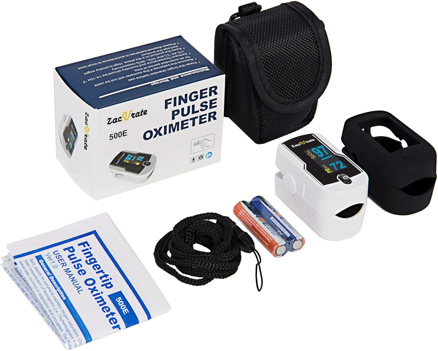 Zacurate 500E Premium Fingertip Pulse Oximeter Oximetry Blood Oxygen Saturation Monitor with Silicon Cover, Batteries and Lanyard : Health & Household