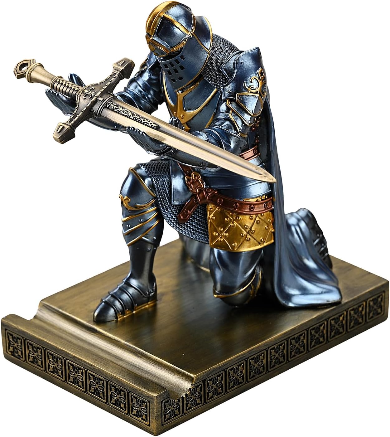 King's Guard Leader Cloak Warrior Knight Pen Holder Mobile Phone Stand, Ornament Knight Statue, Pen Stand Paperweight for Office and Home (Blue)