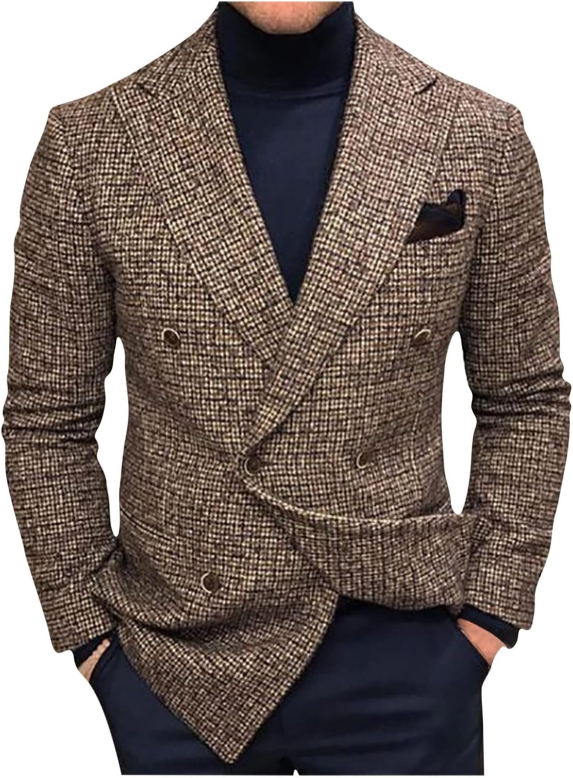Suit Jackets for Men Regular Fit Tweed Jacket Casual Double Breasted Blazer Vintage Formal Suit Jackets Regular Fit Long Sleeves Smart Suit Blazer for Wedding Business