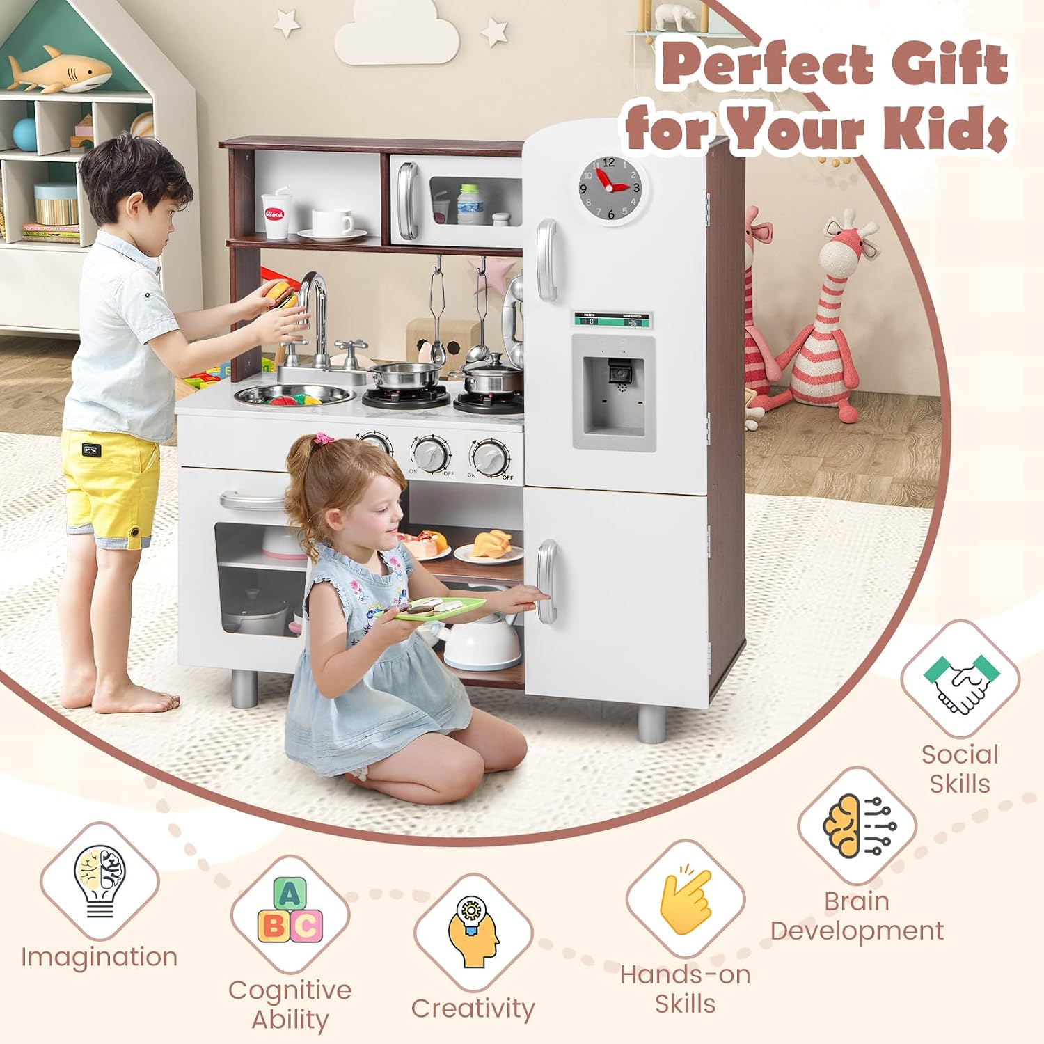 KOTEK Play Kitchen Set for Kids, Wooden Toddler Kitchen Playset with Water Dispenser w/Lights Sounds, Stove, Oven, Fridge, Microwave & Sink, Gift Chef Pretend Play Toy for Girls Boys (Walnut+White)