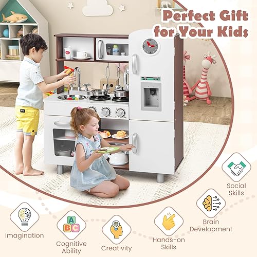 Miniatura 5 de Costzon Juego de cocina para niños, cocina de simulación para niños pequeños con utensilios, horno, gabinetes, grifo, fregadero, teléfono y