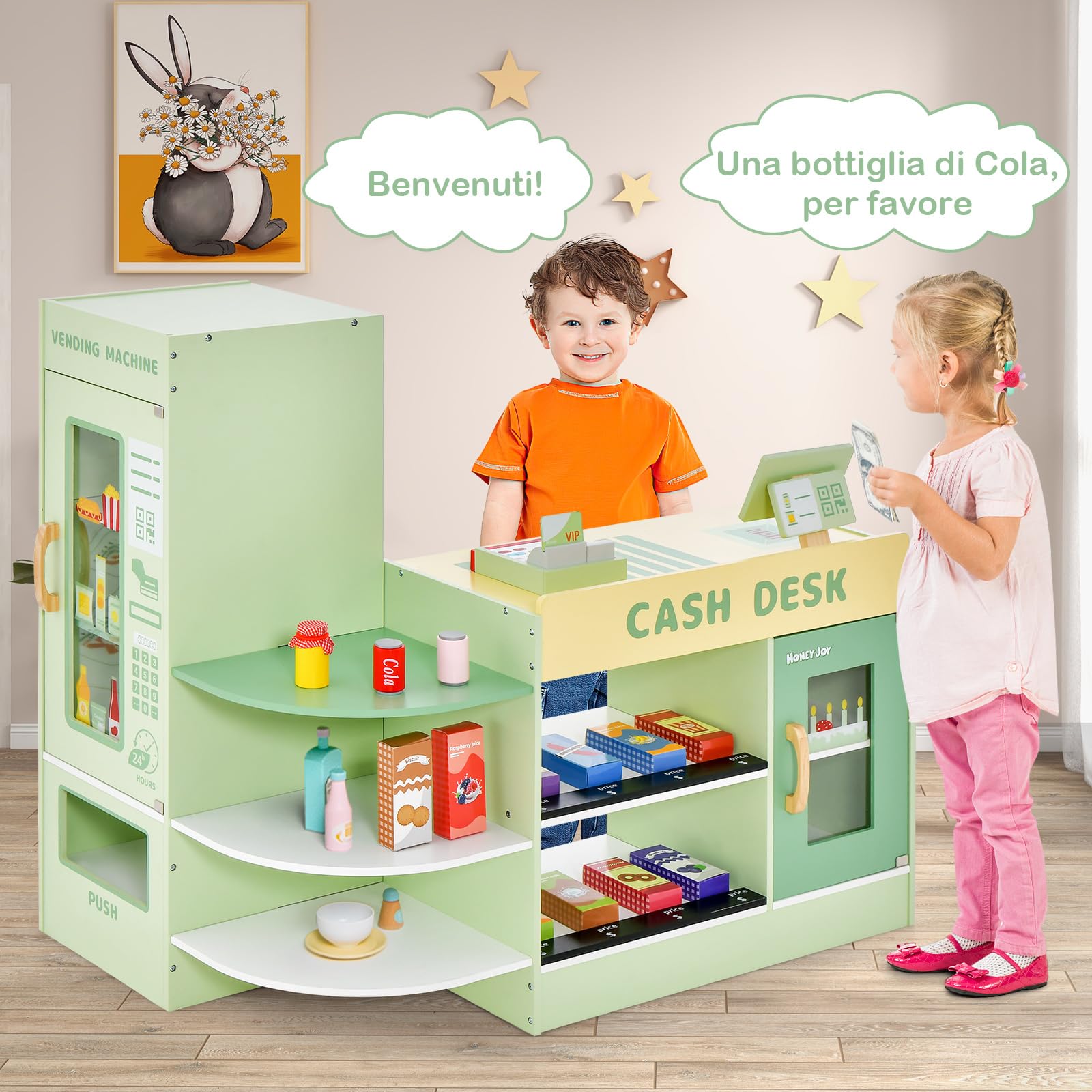 GYMAX Negozio di Alimentari per Bambini, Gioco di Supermercato in Legno Autoportante con Banco Cassa, Macchina POS, Distributore Automatico, Set di Giocattoli Registratore di Cassa (Verde)