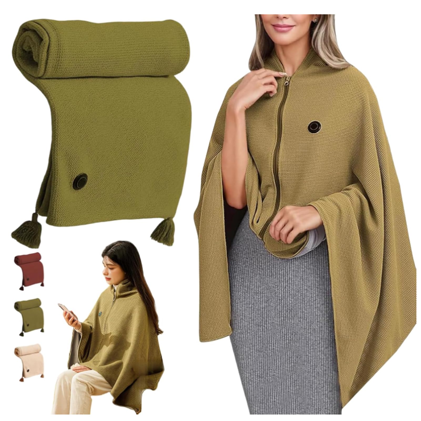 Mantón De Manta Calefactable Portátil, USB Chal Calefactor Eléctrico Manta Eléctrica Inalámbrica para Exteriores 3 Niveles De Calor Poncho Chal Calentado, 150x80cm (Green)