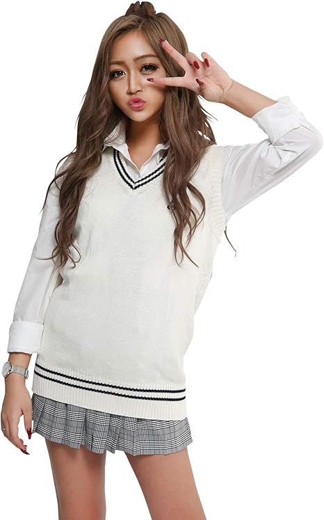 Amazon Co Jp ブラッククイーン 制服 ベスト ニット ライン Vネック 女子高生 刺繍 Jk スクールセーター 中学生 M フリーサイズ ホワイト ファッション