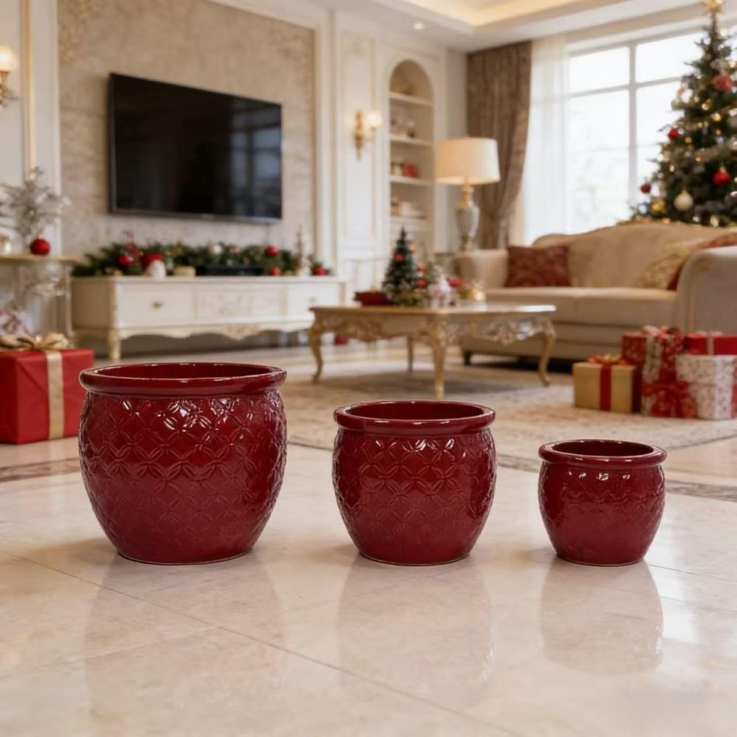 Handmade Ceramic Flower Pot Set of 3, Embossed Floral Planters for Indoor Outdoor Plants, Breathable Clay Containers for Orchids Succulents Herbs Flowers, Decorative Garden Home Decor (Bean paste red)