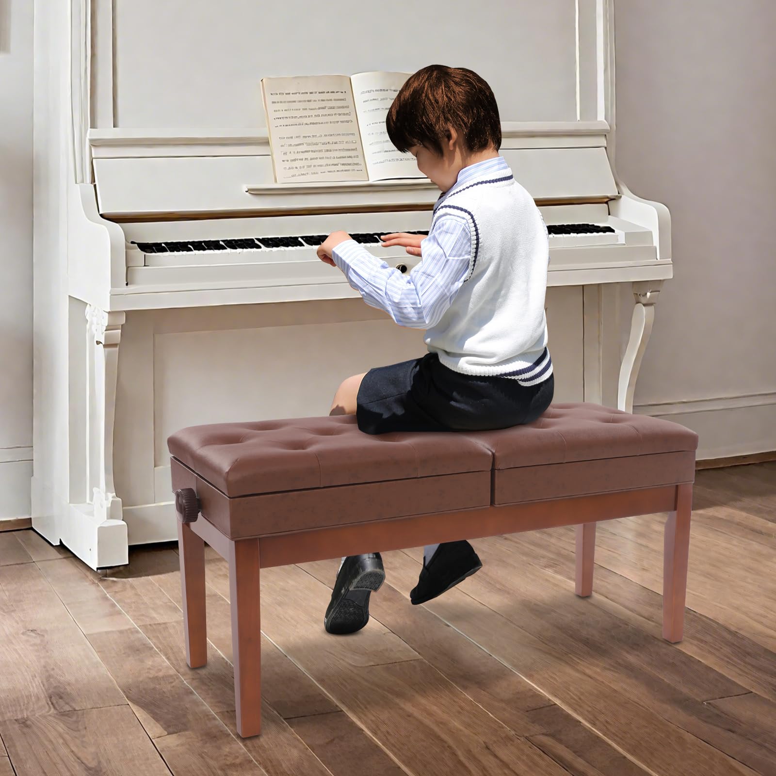 Banc de piano double siège avec espace de rangement - Grand tabouret de piano pour 2 personnes - Assises indépendantes réglables en hauteur - 108 x 39 x 48 cm (marron)