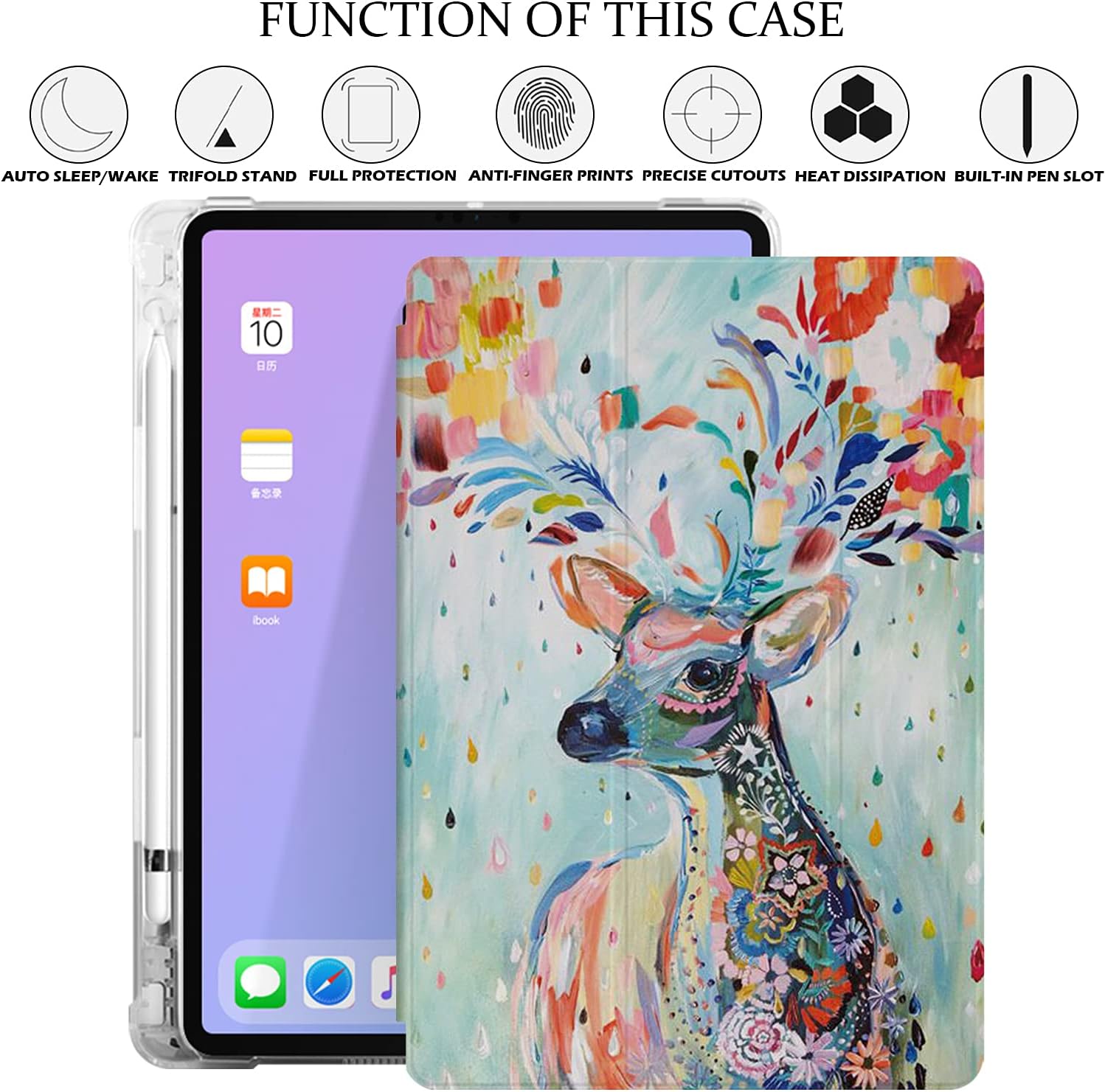 DuraSafe Cases for iPad Air 6 2024 11" Air 5 2022 Air 4 2020 10.9" [ Air 4th Air 5th 6th 11th ] A2316 A2324 A2325 A2072 A2588 Magnetic Printed Pencil Holder Transparent Soft TPU Cover - Deer Print