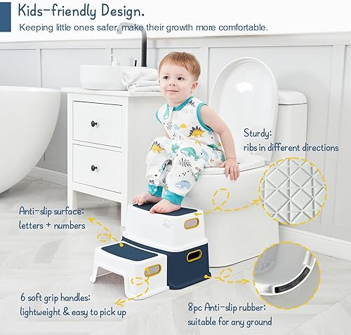 Miniatura 9 de Forbena Taburete de baño para niños, taburete de 2 escalones para entrenamiento de inodoro para niños pequeños, taburete de plástico resistente para