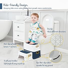 Forbena Toddler Step Stool for Bathroom Sink, Two Step Stool for Kids Toilet Potty Training, Toddlers Baby Child Kid Plastic Poop Stools with Handles for Kitchen Counter Bed (Navy Blue-Yellow)