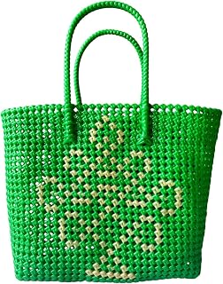 Handwoven Wire Mesh Tote Bag, Red with White Pattern, Durable Plastic Woven Shopping Bag, Waterproof and Washable Price In India