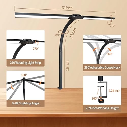 Miniatura 2 de yiluhuanxiao Lámpara de escritorio LED para oficina y hogar, lámpara de doble cabezal con abrazadera con control remoto, cuidado de los ojos, cuello