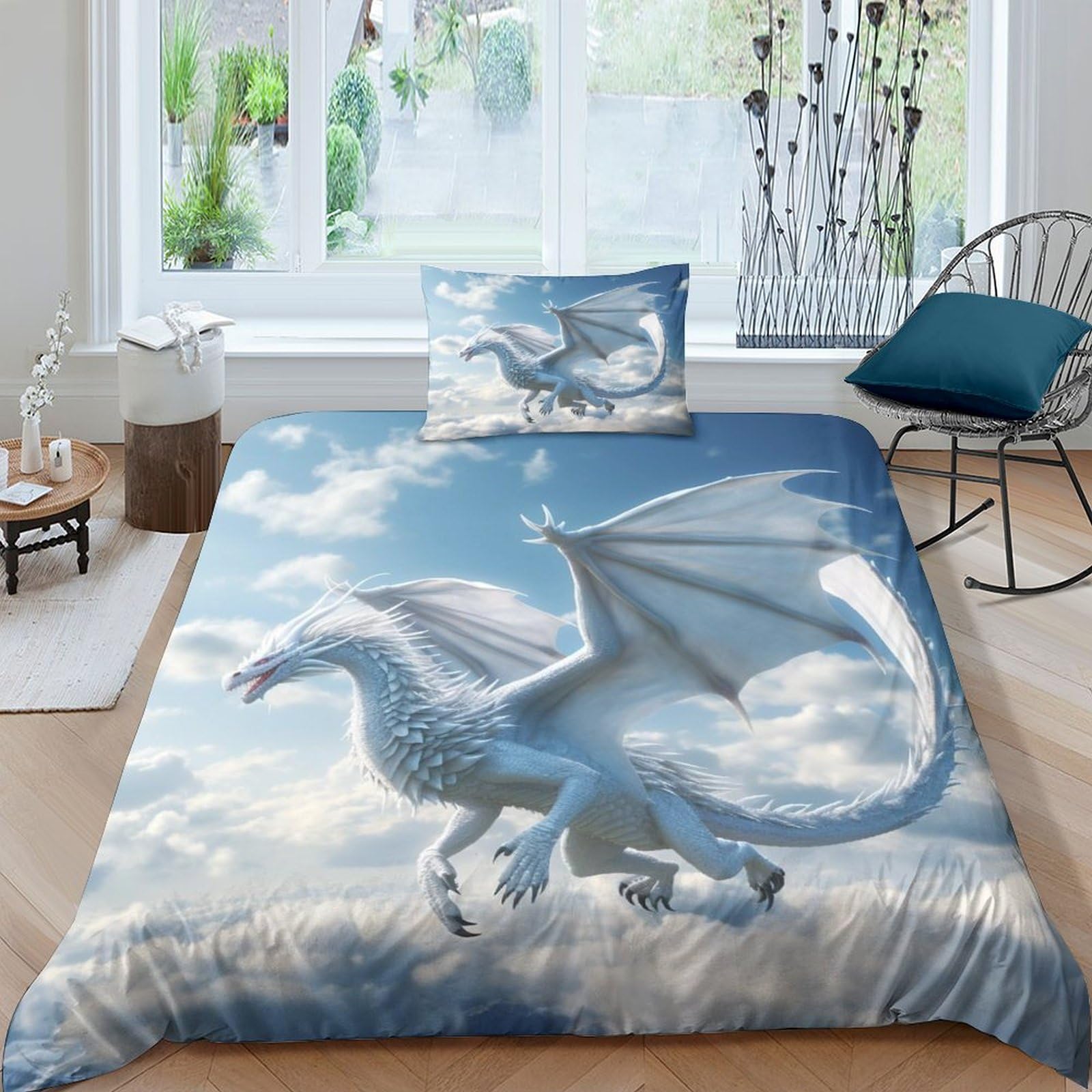 QMena pterosaurus Finesse Duvet Bedding Sets with Hidden Zipper Closure, Microfiber Polyester Dragons Comforter Sleep Aid Quilt Cover Kids And Adults Boys Girls Single（135x200cm）