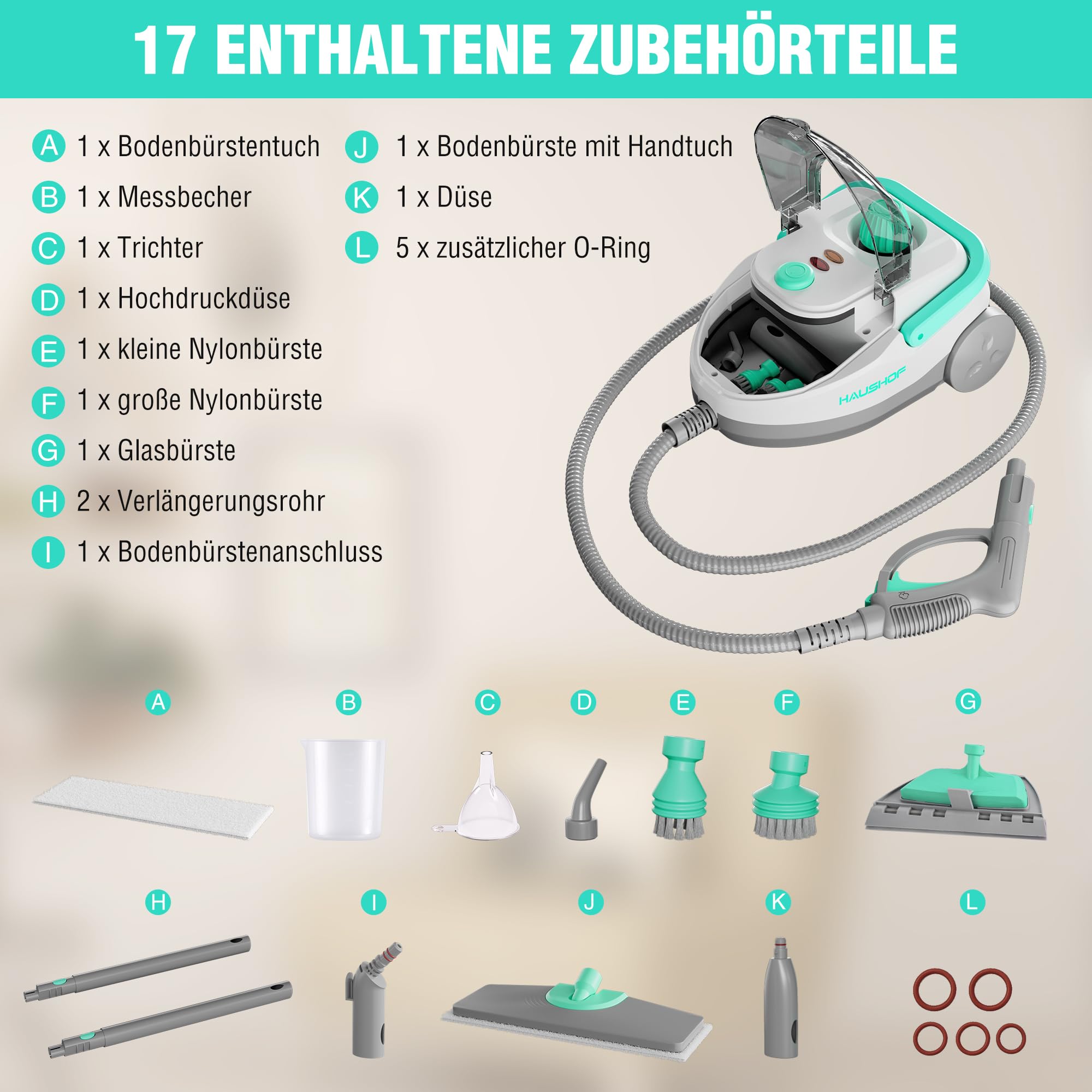 HAUSHOF Dampfreiniger 1800 W, mit 1,5 L Tank, max. 4 ,0 bar Dampfdruck, Aufheizzeit 8 Min, Dampfzeit bis zu 30 Min, inkl. 17 Zubehör & 3 m Netzkabel, für Boden, Teppich, Fenster & Küche, Weiß-Grün