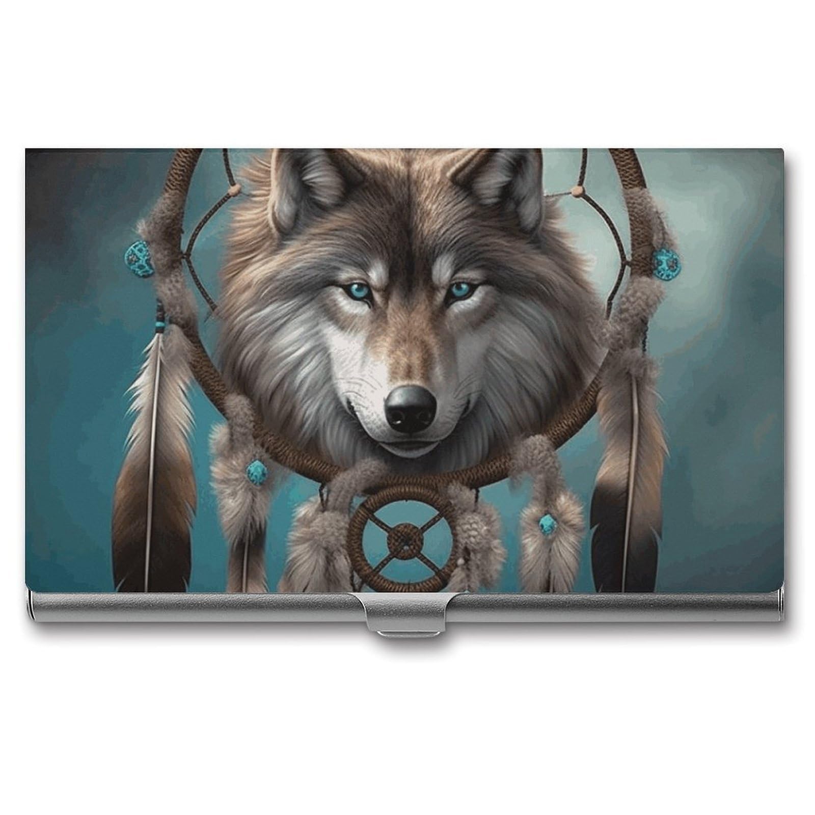DWVTSLH 3D Wolf Dream Catcher Business Card Holder, Slim Portable Metal Business Card Case Pocket Wallet Professional Name Cards Holder for 22-30 Cards, Credit Card ID Case/Holder for Men Women