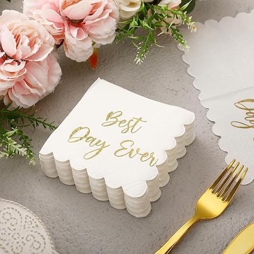 Miniatura 3 de 100 servilletas de boda con el mejor día de la historia, servilletas de cóctel de boda, servilletas de postre festoneadas blancas y doradas para