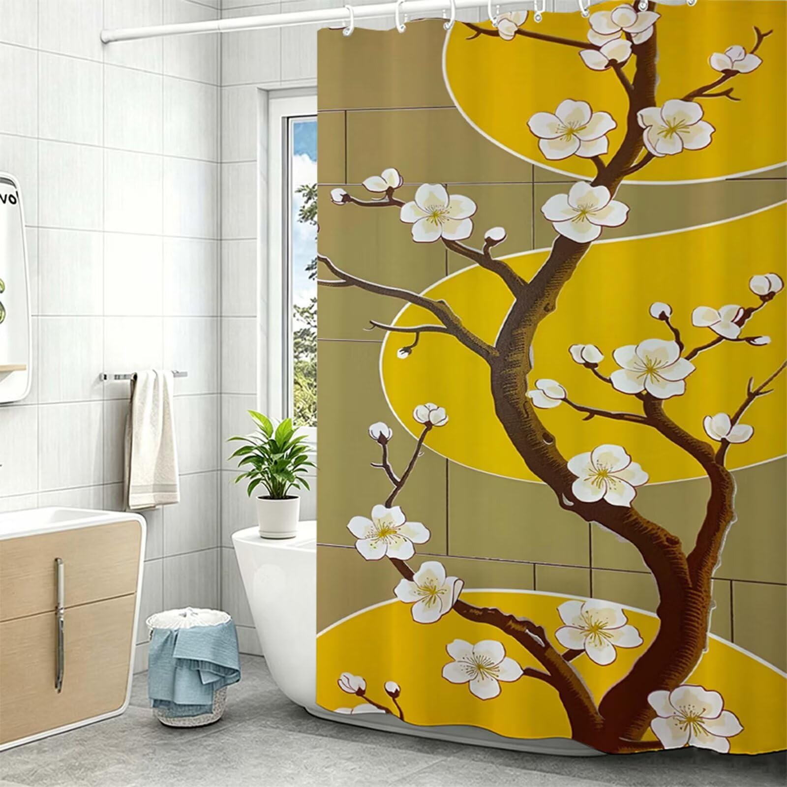 Tenda Doccia in Poliestere giallo,Tende per Doccia Extra Lunga 230x180cm,Albero Tenda Vasca da Bagno Tessuto Lavabile,Impermeabile e Facile da Pulire,con 12 Ganci,Decorazione per Bagno,Hotel Z-258