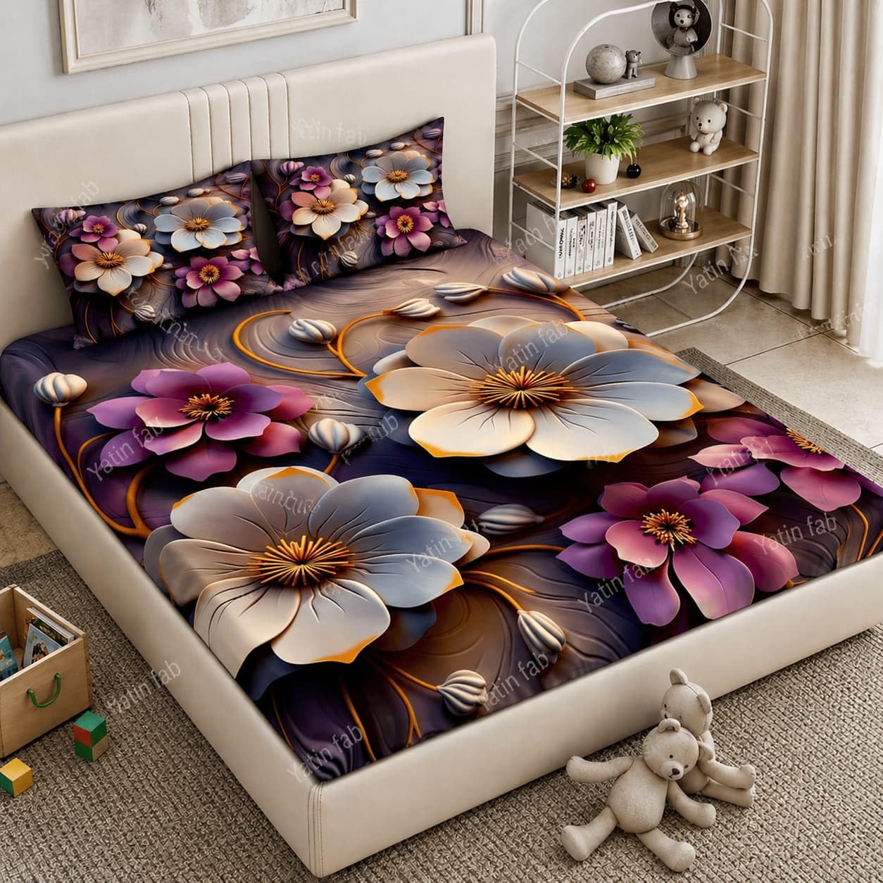 Polycotton Elastic Fitted 7D Printed Queen Size Double Bed Bedsheet with 2 Pillow Cover, 72x78x10 Inch, 320 Thread Count, MultiFlower-image-6