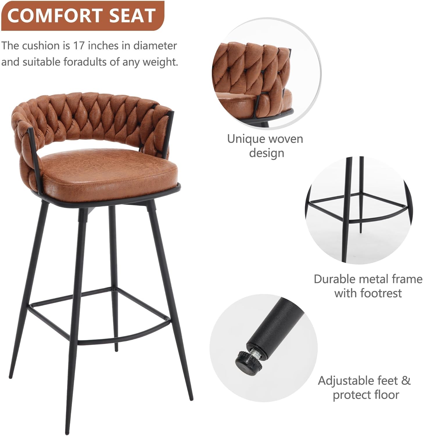 BV Bar Height Bar Stools Set of 3, 30 inch Seat Height Bar Stools, 180° Swivel Barstools with Woven Back and Footrest, Suede Fabric Counter Stools for Kitchen Island, Bar Pub