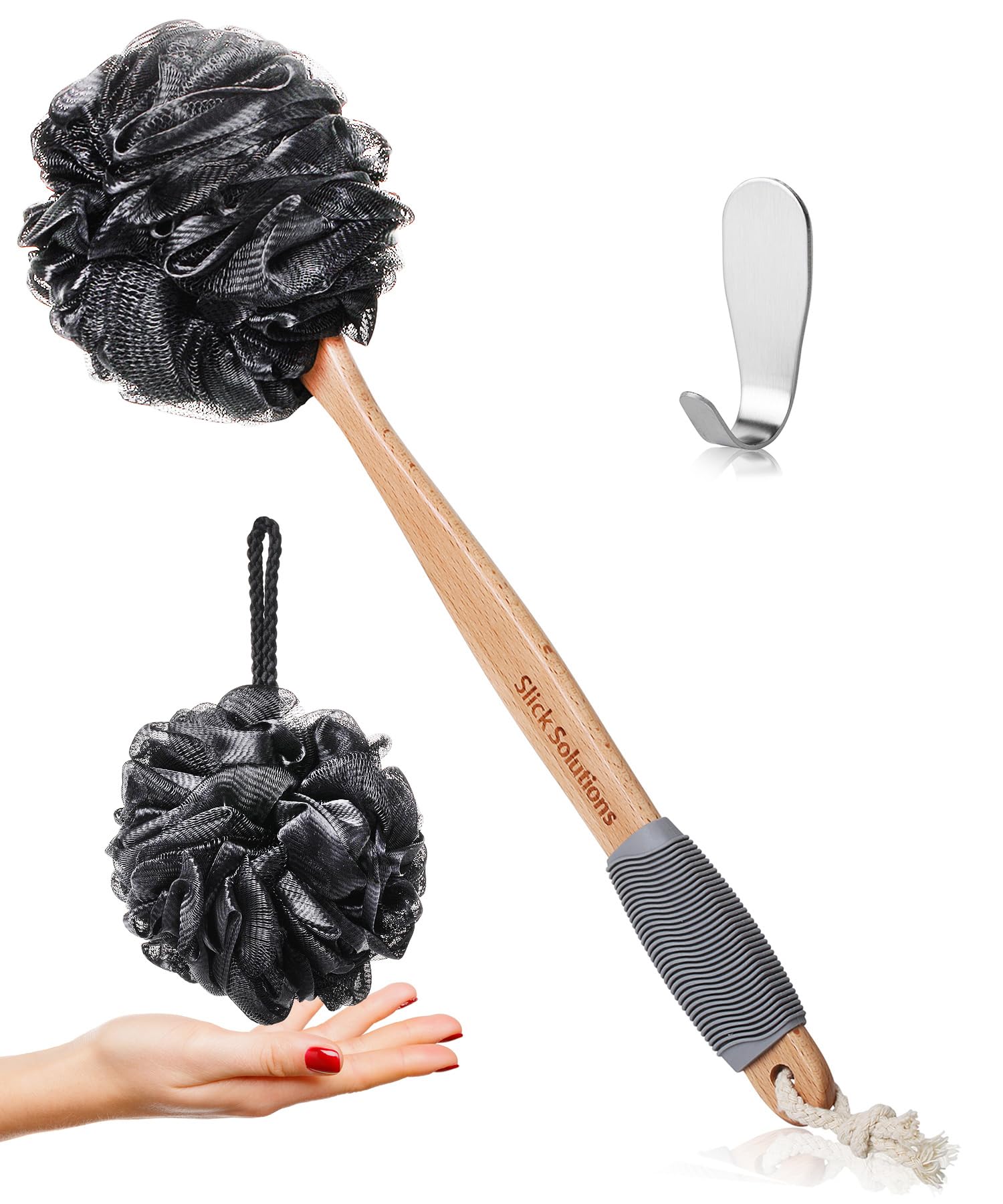 Slick- Loofah with Handle, 17", Gray, Loofah Back Scrubber with Long Wooden Handle, Shower Supplies