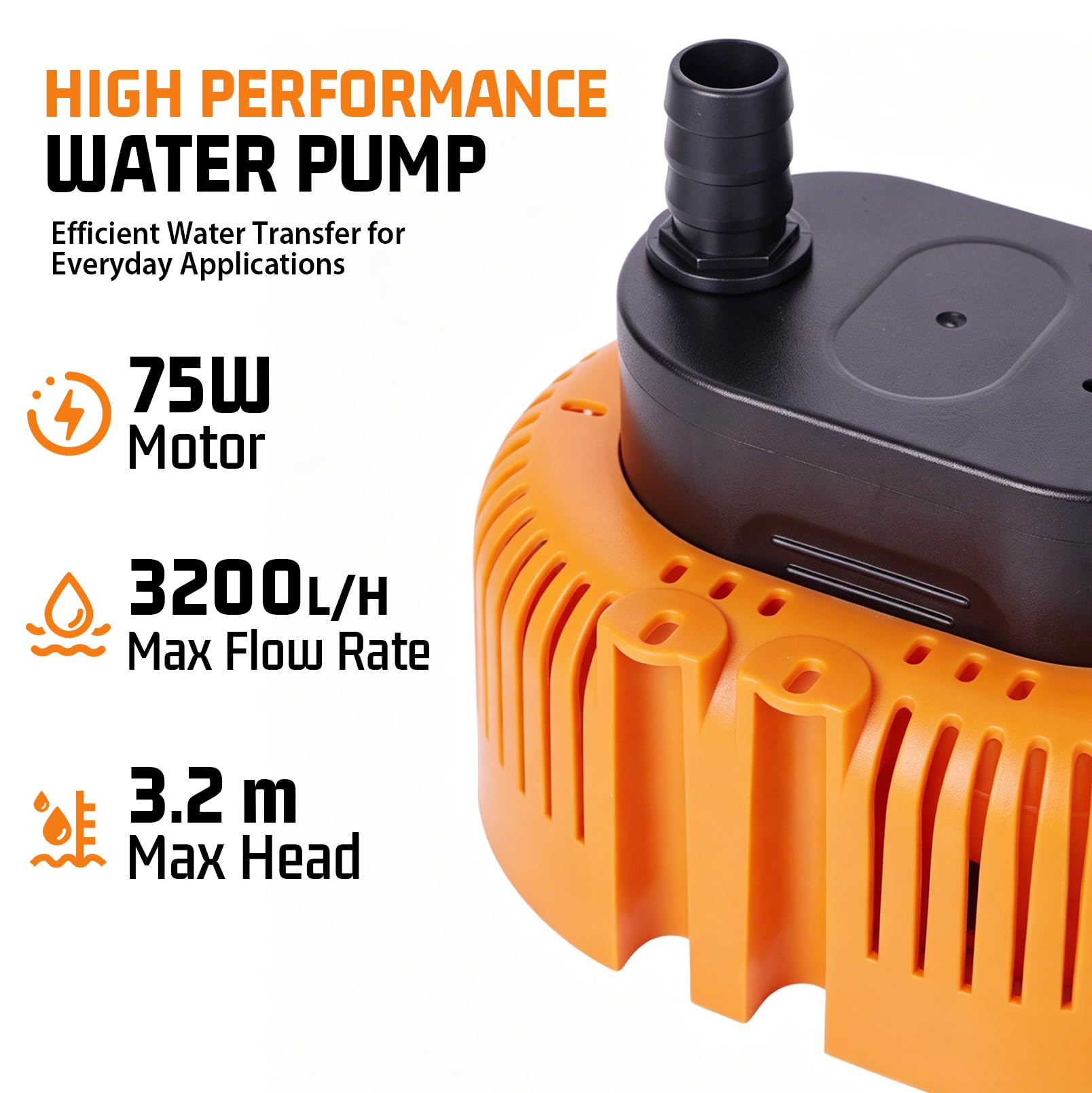 Pompa Sommersa per Acque Sporche 75W 3200 L/H con Tubo da 4,8 m | Pompa da Giardino con Cavo da 7,5 m, 3 Adattatori per Tubi (13/16/19 mm) e 2 Fascette, per Laghetti, Fontane, Piscine
