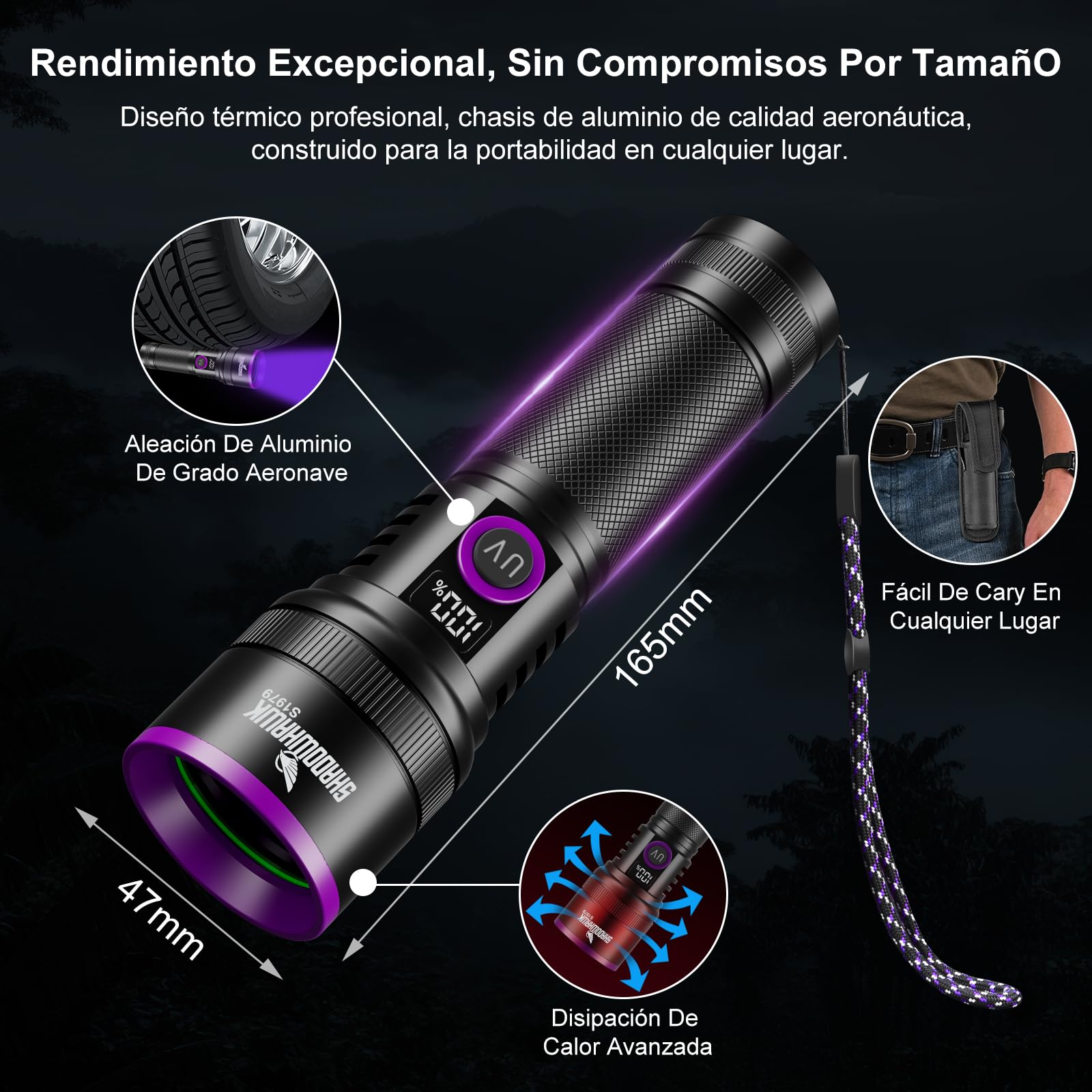 Shadowhawk 365nm Linterna Ultravioleta Con Lente De Filtro - 30W De 4 Núcleos Linterna UV Potente Recargable para la detección de orina de mascotas/curado de resina/rocas/escorpión, etc., Pantalla LCD
